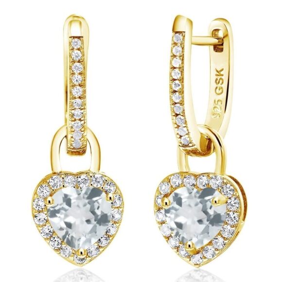 18K Yellow Gold 925 with 1.96 Cttw Aquamarine and White Sapphire Heart Earrings
